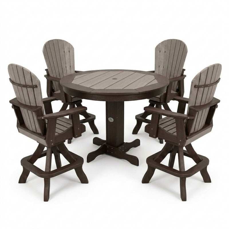 Infinity Living Poly Lumber 42" Round Inlay Pub Table with 4 Fan Back Swivel Pub Chairs