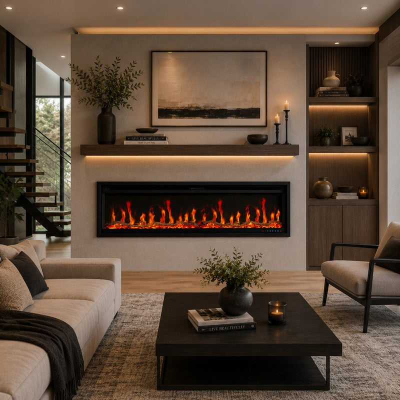 Buck Stove 60" Strata LCD Linear Electric Fireplace Smart/Wifi Enabled with Remote, 5,000 BTU Heater, Logs & Fireglass Display for 110/120V - BE L60LCD