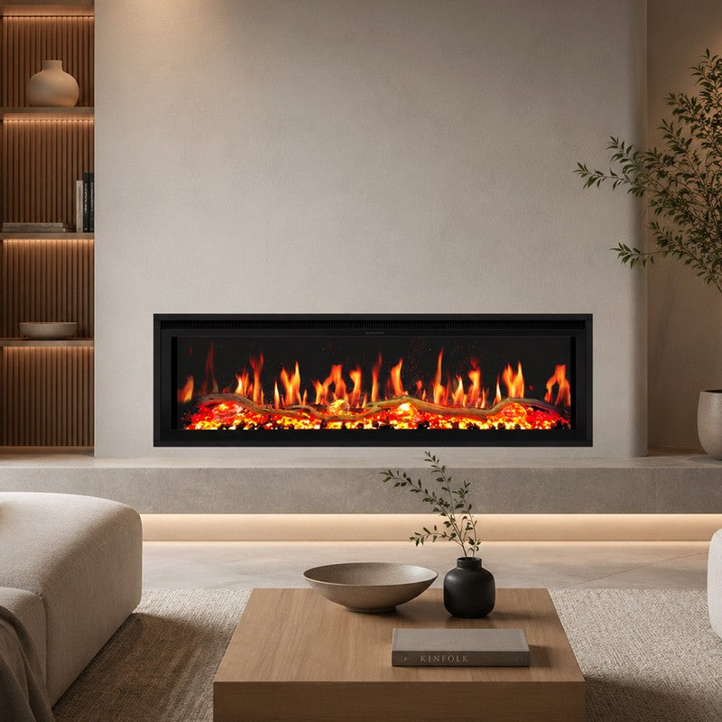 Buck Stove 60" Strata LCD Linear Electric Fireplace Smart/Wifi Enabled with Remote, 5,000 BTU Heater, Logs & Fireglass Display for 110/120V - BE L60LCD