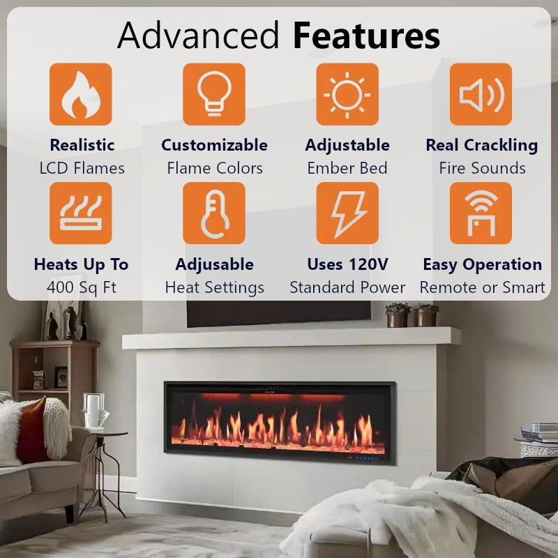 Buck Stove 60" Strata LCD Linear Electric Fireplace Smart/Wifi Enabled with Remote, 5,000 BTU Heater, Logs & Fireglass Display for 110/120V - BE L60LCD