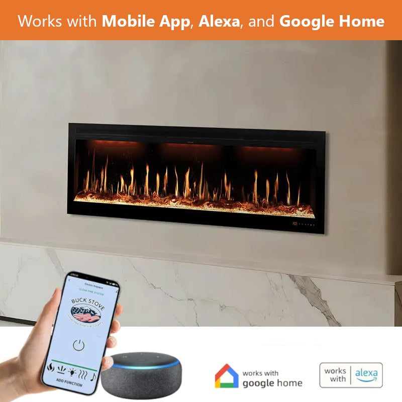 Buck Stove 60" Strata LCD Linear Electric Fireplace Smart/Wifi Enabled with Remote, 5,000 BTU Heater, Logs & Fireglass Display for 110/120V - BE L60LCD