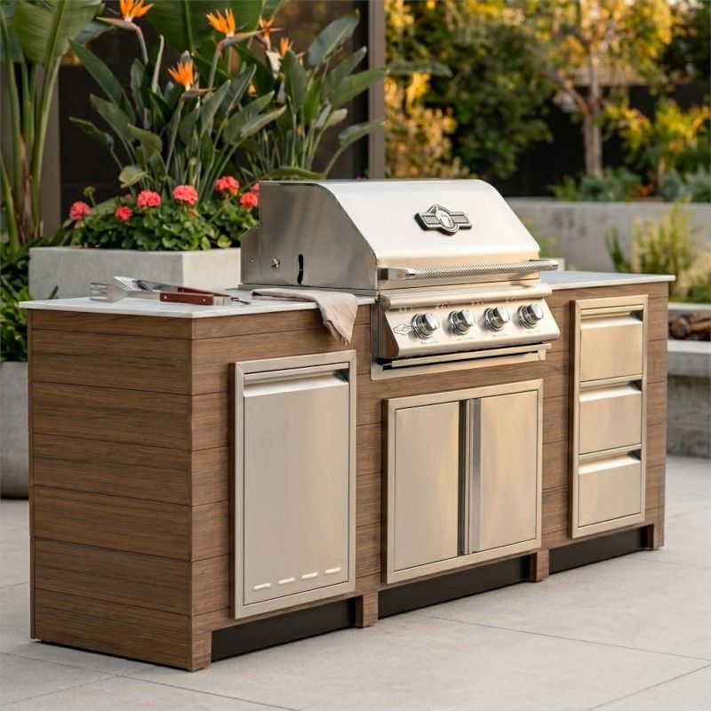Infinity Living 8FT Outdoor Kitchen Island with 32" 4-Burner Built-In Gas Grill, Woodgrain Poly Lumber Base & Travertine Countertop