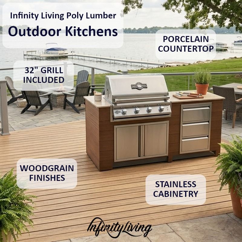 Infinity Living 6FT Outdoor Kitchen Island with 32" 4-Burner Built-In Gas Grill, Woodgrain Poly Lumber Base & Travertine Countertop