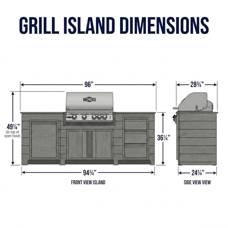 Infinity Living 8FT Outdoor Kitchen Island with 32" 4-Burner Built-In Gas Grill, Woodgrain Poly Lumber Base & Travertine Countertop