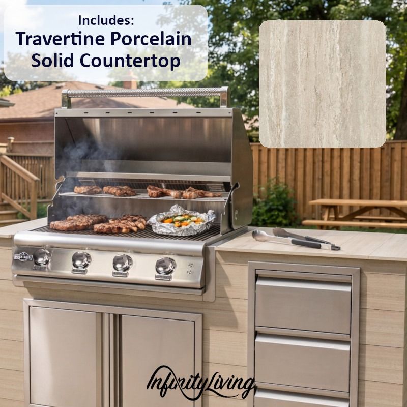 Infinity Living 8FT Outdoor Kitchen Island with 32" 4-Burner Built-In Gas Grill, Woodgrain Poly Lumber Base & Travertine Countertop
