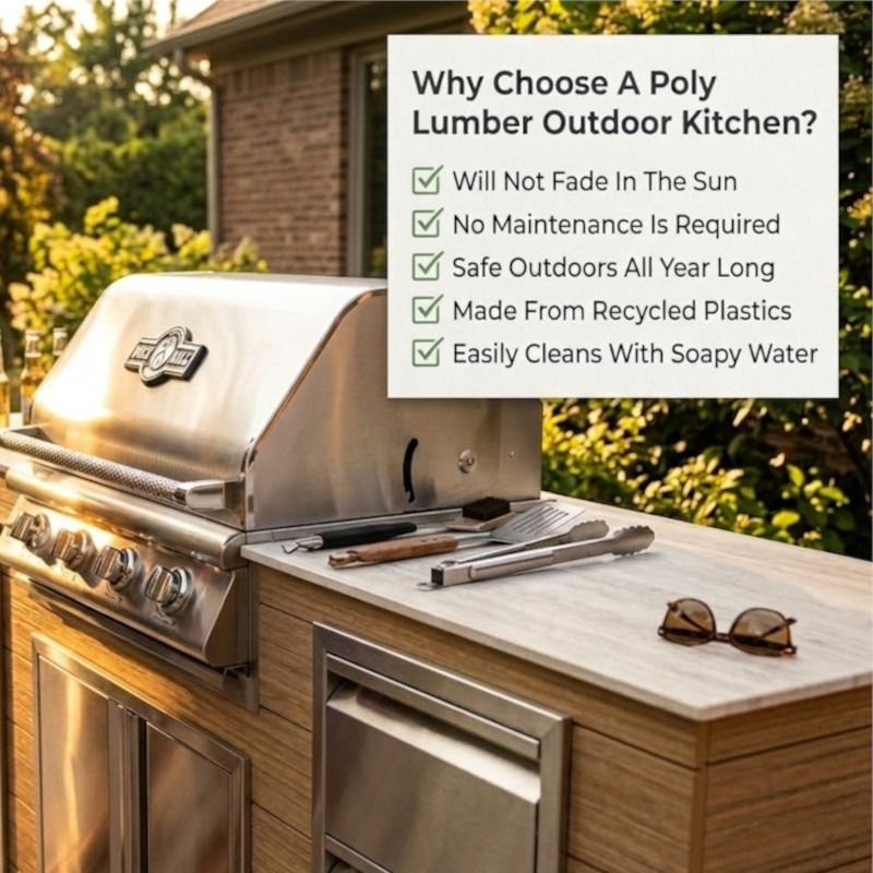 Infinity Living 8FT Outdoor Kitchen Island with 32" 4-Burner Built-In Gas Grill, Woodgrain Poly Lumber Base & Travertine Countertop
