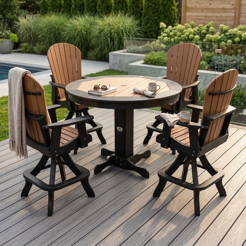 Infinity Living Poly Lumber 42" Round Inlay Pub Table with 4 Fan Back Swivel Pub Chairs