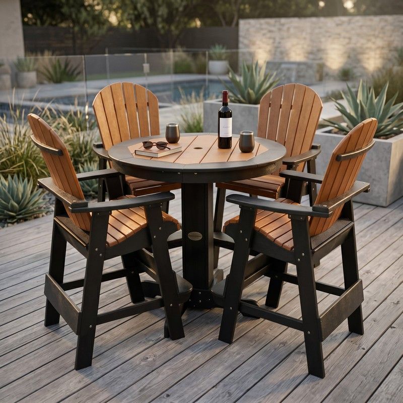 Infinity Living Poly Lumber 42" Round Inlay Pub Table with 4 Fan Back Pub Chairs