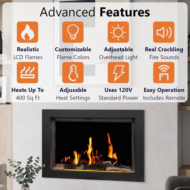 Buck Stove 36" Strata LCD Electric Fireplace with App-Control, Remote, 5,000 BTU Heater & Logs for 110/120V - BE L36LCD