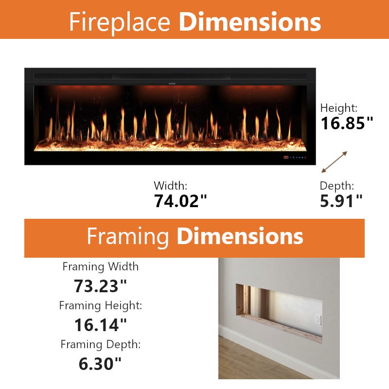 Buck Stove 74" Strata LCD Linear Electric Fireplace Smart/Wifi Enabled with Remote, 5,000 BTU Heater, Logs & Fireglass Display for 110/120V - BE L74LCD