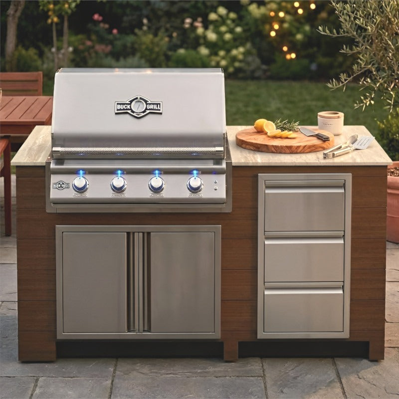Infinity Living 6FT Outdoor Kitchen Island with 32" 4-Burner Built-In Gas Grill, Woodgrain Poly Lumber Base & Travertine Countertop
