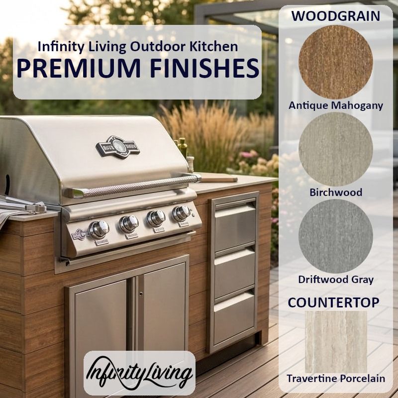 Infinity Living 6FT Outdoor Kitchen Island with 32" 4-Burner Built-In Gas Grill, Woodgrain Poly Lumber Base & Travertine Countertop