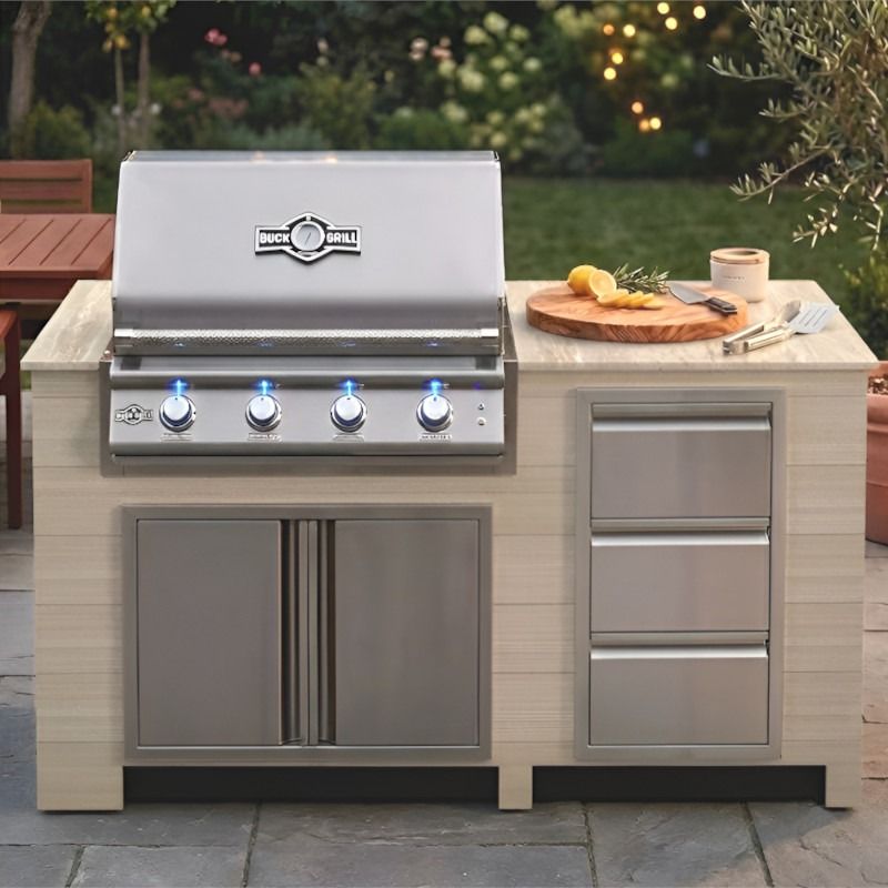 Infinity Living 6FT Outdoor Kitchen Island with 32" 4-Burner Built-In Gas Grill, Woodgrain Poly Lumber Base & Travertine Countertop