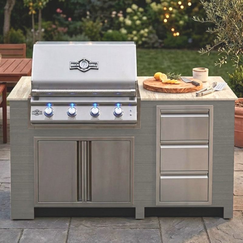 Infinity Living 6FT Outdoor Kitchen Island with 32" 4-Burner Built-In Gas Grill, Woodgrain Poly Lumber Base & Travertine Countertop