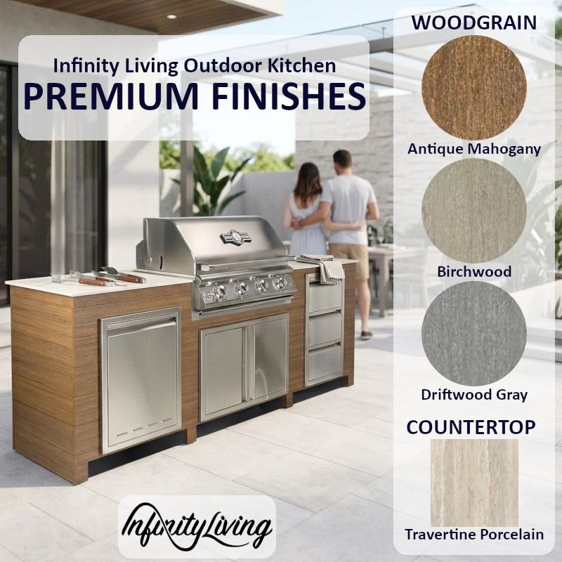 Infinity Living 8FT Outdoor Kitchen Island with 32" 4-Burner Built-In Gas Grill, Woodgrain Poly Lumber Base & Travertine Countertop