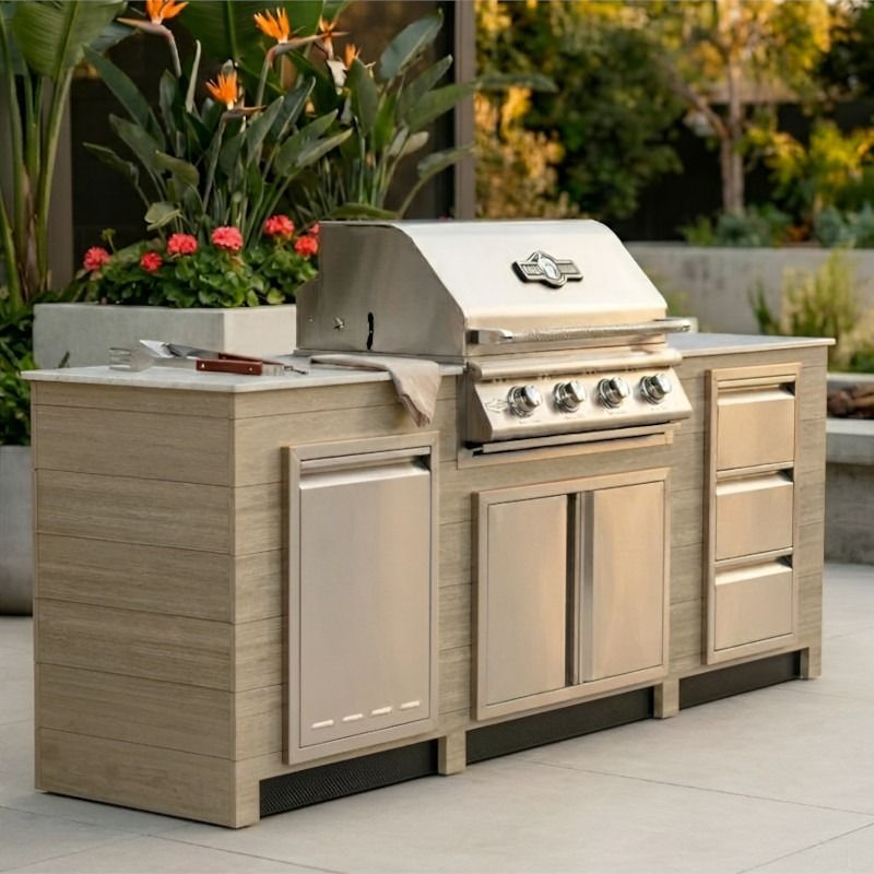 Infinity Living 8FT Outdoor Kitchen Island with 32" 4-Burner Built-In Gas Grill, Woodgrain Poly Lumber Base & Travertine Countertop