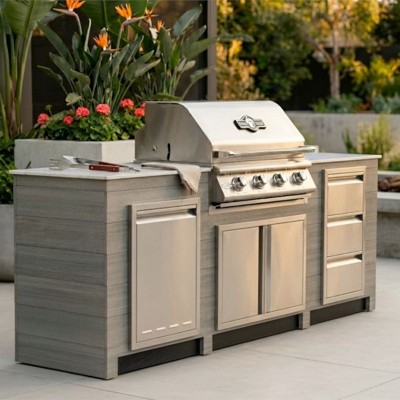 Infinity Living 8FT Outdoor Kitchen Island with 32" 4-Burner Built-In Gas Grill, Woodgrain Poly Lumber Base & Travertine Countertop