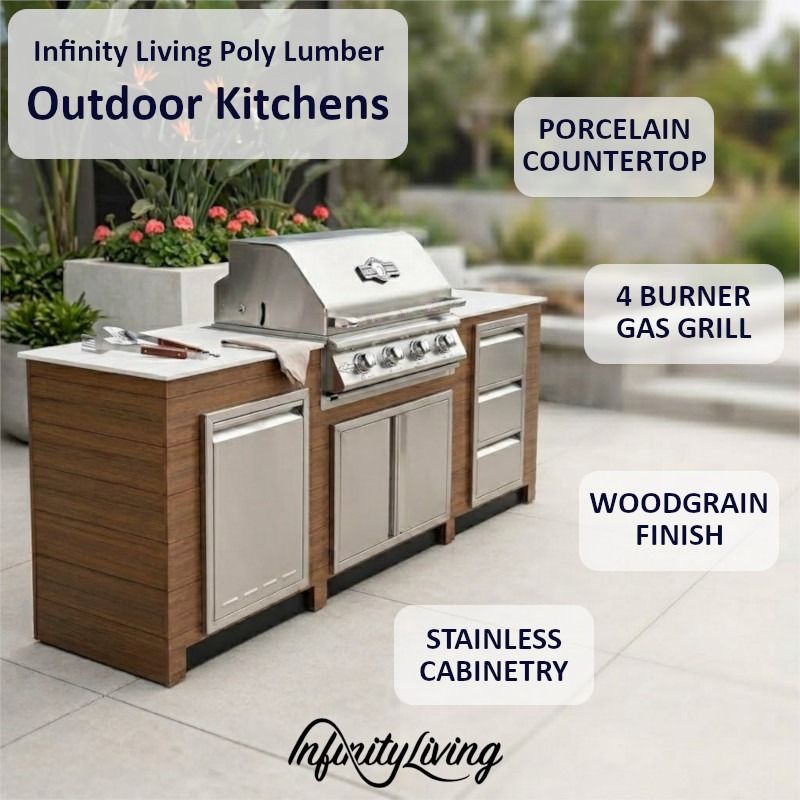 Infinity Living 8FT Outdoor Kitchen Island with 32" 4-Burner Built-In Gas Grill, Woodgrain Poly Lumber Base & Travertine Countertop
